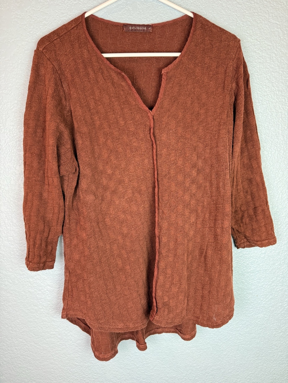 Cut Loose Sweater Womens Large Brown V Neck 3/4 Sleeve Waffle Tunic Lightweight
